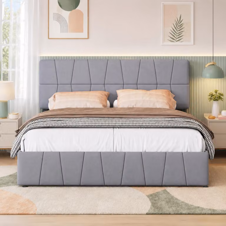 Letto imbottito INONEFT, 160x200 cm, velluto grigio, letto per ragazzi con 4 cassetti, letto matrimoniale con schienale regolabile, letto multifunzionale con rete a doghe