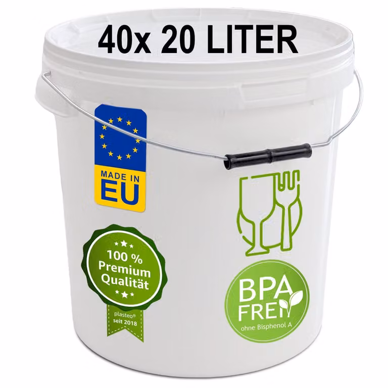 plasteo® 40x 20 litri con coperchio Secchio in plastica ermetico per alimenti Secchio in plastica Secchio vuoto Secchio da trasporto (40x 20 litri)