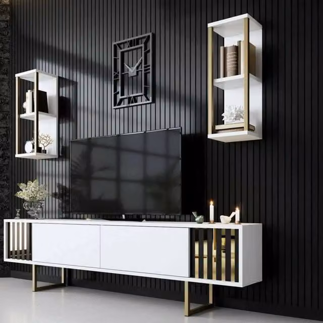 Mobile porta TV Artinay DMORA, Credenza moderna per soggiorno Bianco e Oro, L: 180 cm, P: 30 cm, H: 48 cm – 1