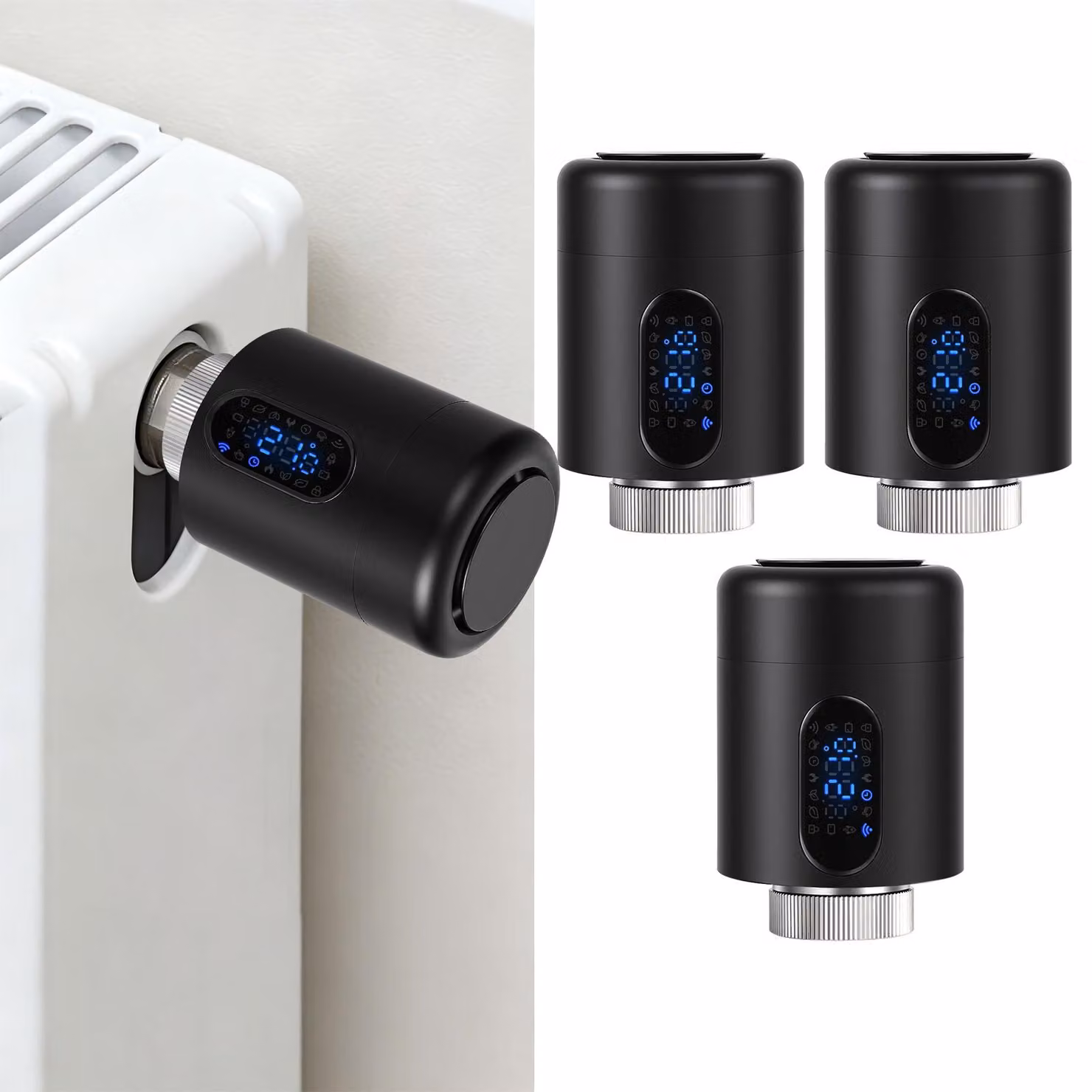 Set di 3 termostati per radiatori Ikodm, termostati smart Wi-Fi neri, controllo tramite app senza necessità di gateway, 7 adattatori per termostato