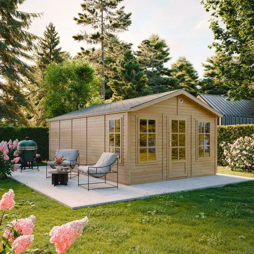 TIMBELA M737 Casetta da Giardino in Legno 370 x 600 cm, Capanno da Giardino con 3 Finestre in Vetro Temperato, Porta Vetrata, Tetto con Tegole Bituminose, Senza Pavimento