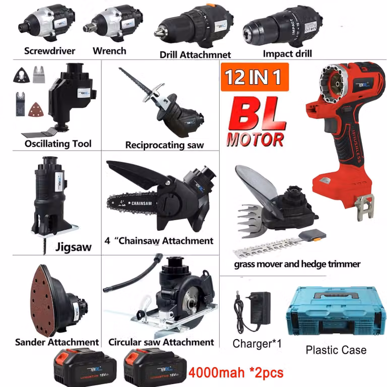 Set di utensili multifunzione a batteria da 18V, senza spazzole, 12-in-1, con diversi accessori