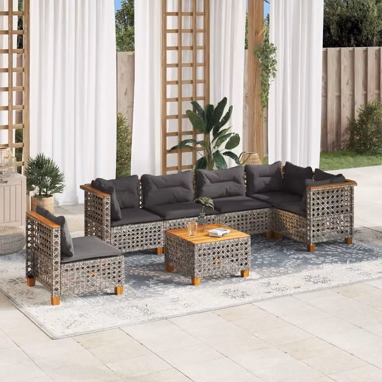 Set di divani da giardino vidaXL in polyrattan grigio con cuscini, tavolino e moduli a L per esterno