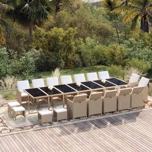 Set da Pranzo per Giardino 19 Pezzi vidaXL in Polyrattan Beige con Cuscini e Tavolo in Vetro – 1