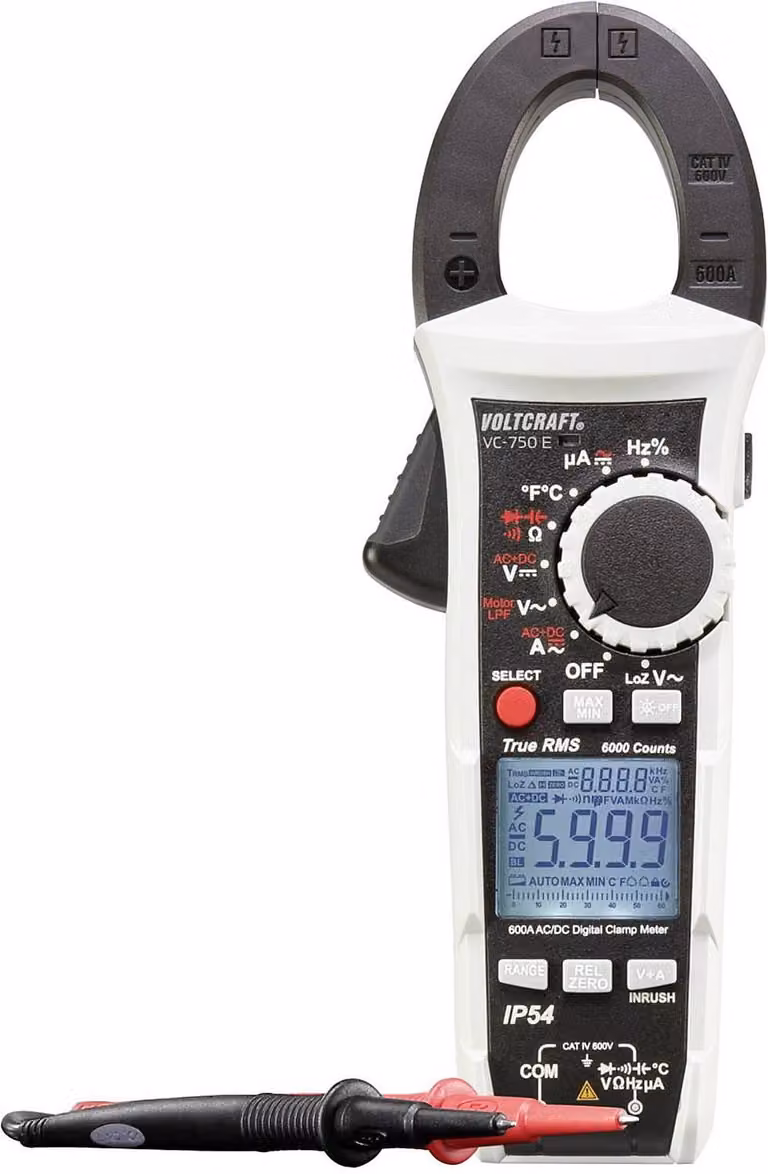 VOLTCRAFT VC-750 E Pinza amperometrica, multimetro portatile digitale Resistente agli spruzzi (IP54) CAT IV 600 V Display (conteggi): 6000
