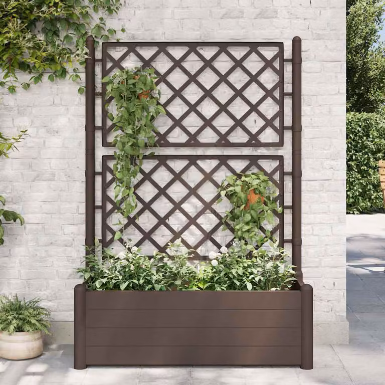 Fioriera da giardino con graticcio per piante rampicanti vidaXL in plastica, colore moca o antracite, L: 100 cm, P: 43 cm, H: 142 cm