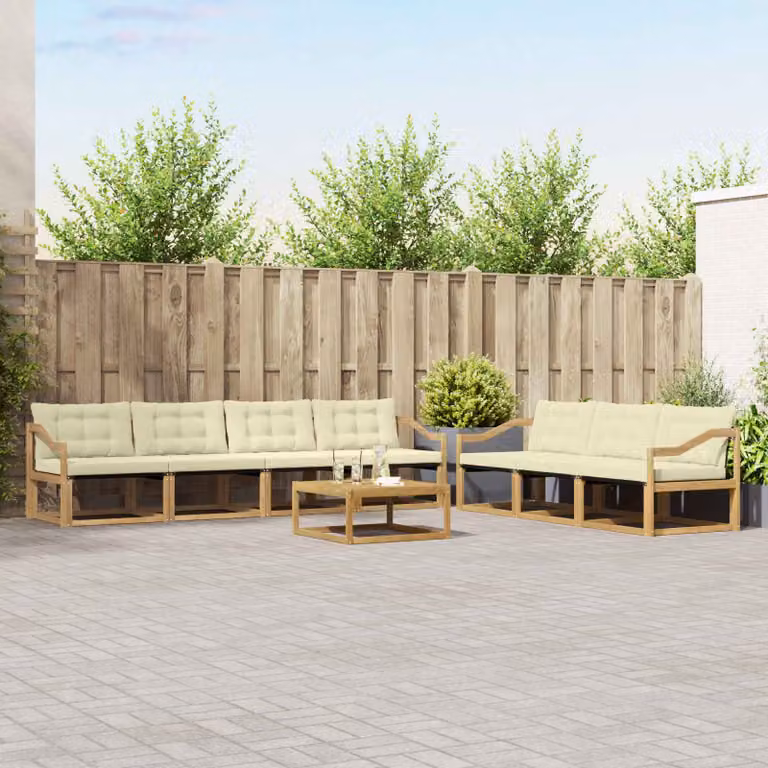 Set di divani da esterno vidaXL 8 pz in legno di acacia con tavolino e cuscini, Bianco e Beige
