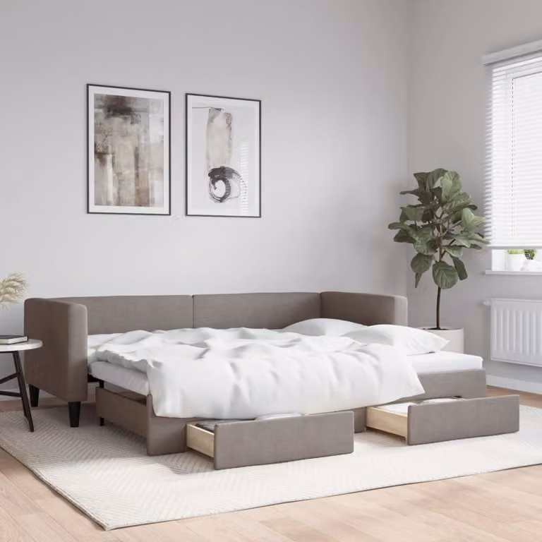 vidaXL Divano Letto Estraibile con Cassetti in Tessuto, Colore Tortora, L/P/H: 200 x 80 x 68 cm