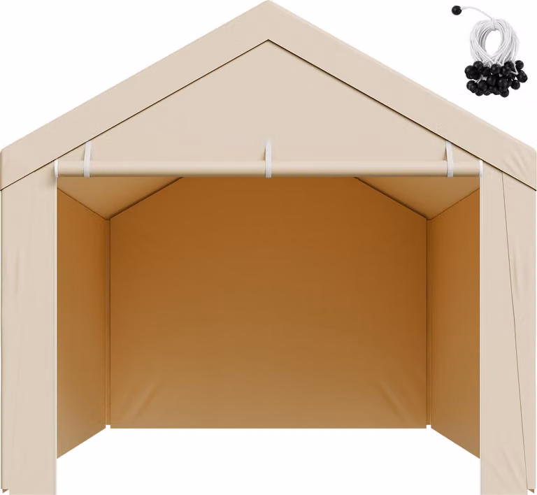 SucceBuy tetto di ricambio per carport, 3,05 x 6,09 m, telone per garage con pareti laterali, resistente ai raggi UV, robusto telone per tettoie per auto con rete a palline, beige, senza telaio