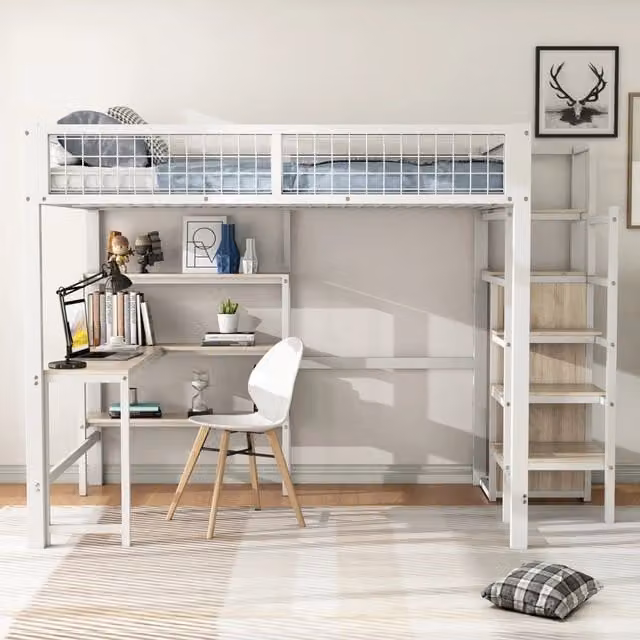 Letto a soppalco 140x200 con scrivania; armadio integrato e scaffali; struttura in metallo e MDF bianco