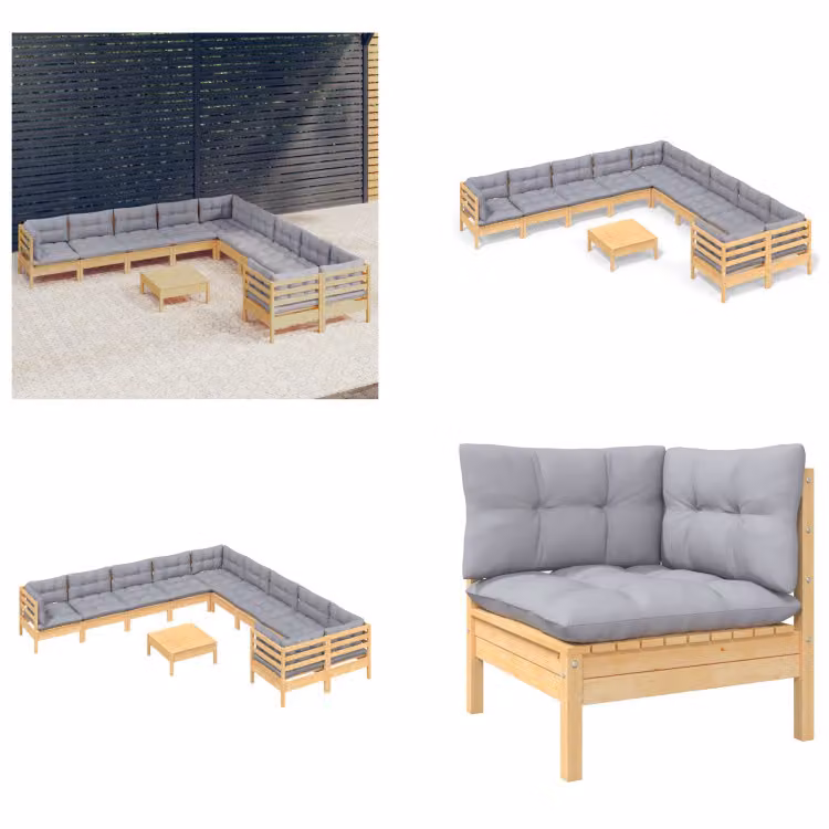 vidaXL set salotto da giardino 11 pezzi con cuscini grigi in legno di pino - Set salotto da giardino - Set salotto da giardino - Set mobili da giardino - Set mobili da giardino