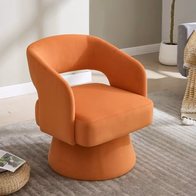Poltrona Girevole 360 Minimal in Velluto Arancione con Schienale Aperto