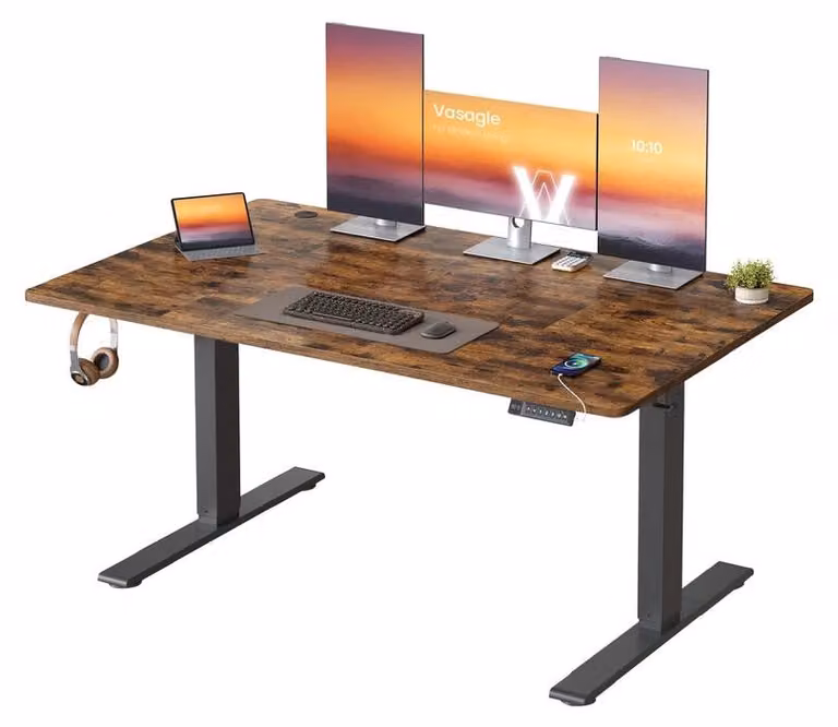 Scrivania regolabile in altezza con porta USB e funzione di memoria | Colore marrone vintage | Dimensioni 140x80x72-120 cm