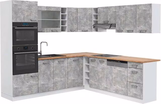 Cucina angolare moderna Vicco R-Line in finitura Calcestruzzo e Bianco con dettagli in Rovere e ante in vetro con illuminazione integrata L/P/H: 247 x 237 x 60 cm