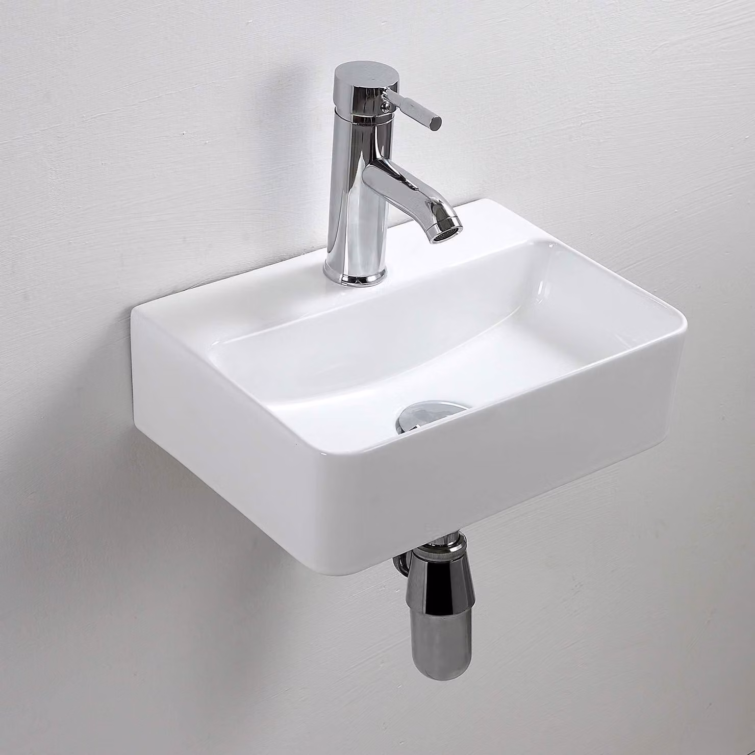 Lavabo in Vetroceramica rettangolare, dimensioni 365x250x105 mm, da montare a parete, colore bianco