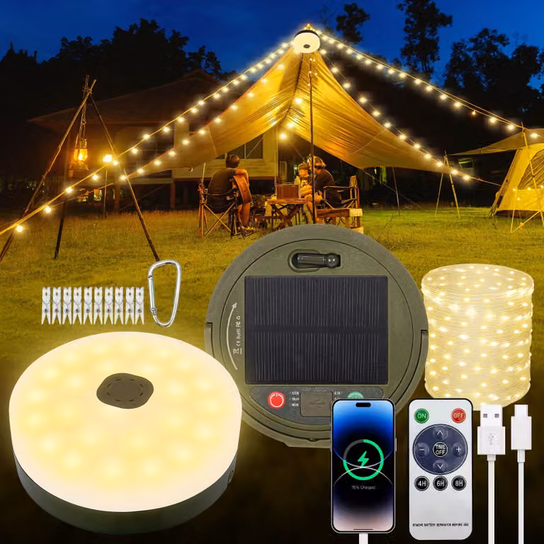Catena luminosa solare, arrotolabile, 10 metri, 8 modalità, grado di protezione IP65, con cavo USB-C, ideale per il campeggio