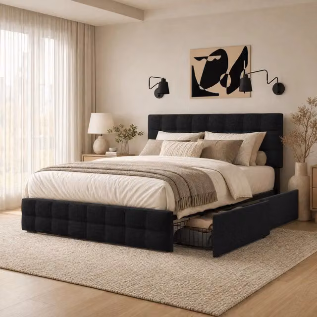 Letto Contenitore REDOM in Lino Nero con 4 Cassetti e Testiera Regolabile L/P/H: 140 x 200 x 107 cm