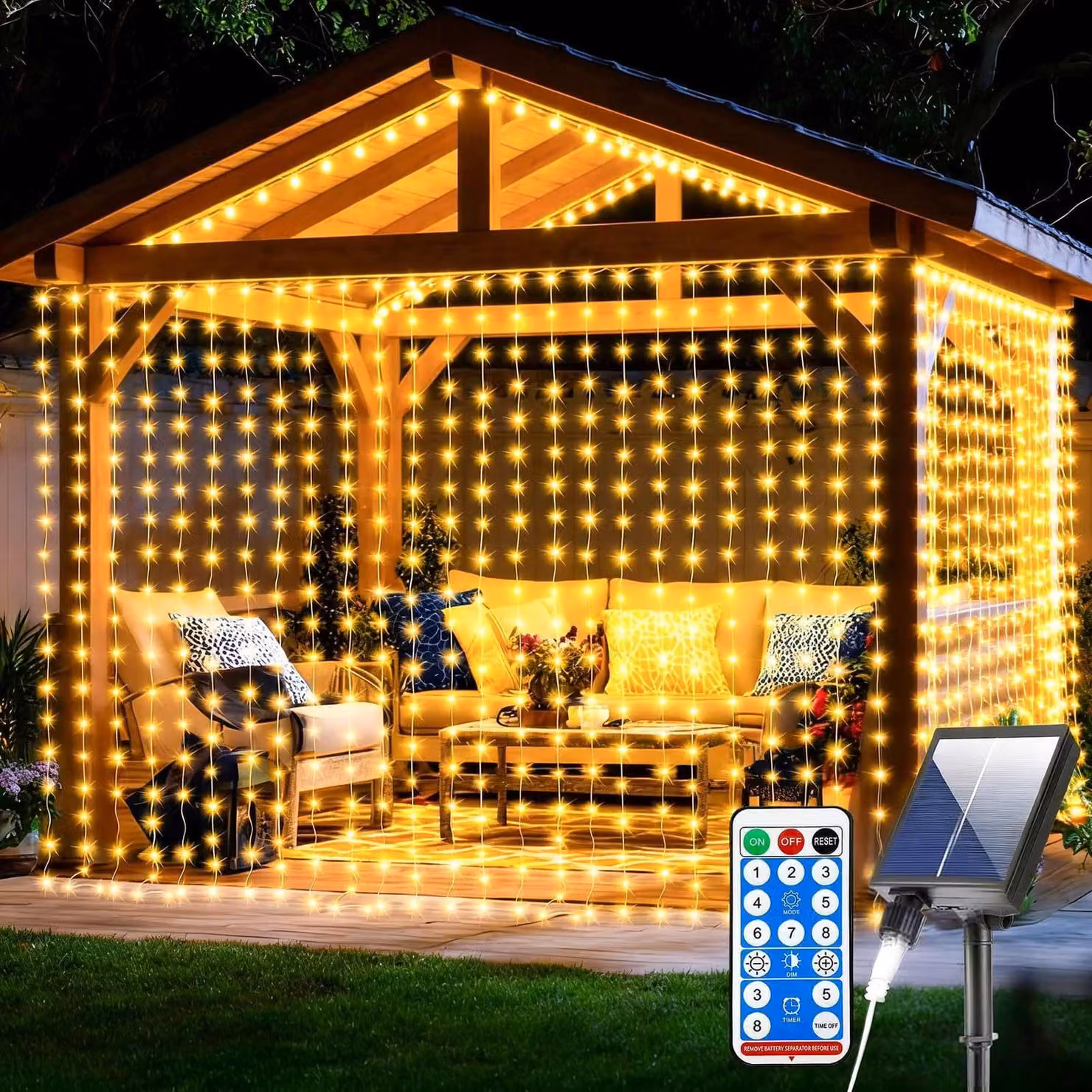 Tenda luminosa con 300 LED, dimensioni 3x3 metri, alimentazione solare, luce bianca calda, grado di protezione IP65