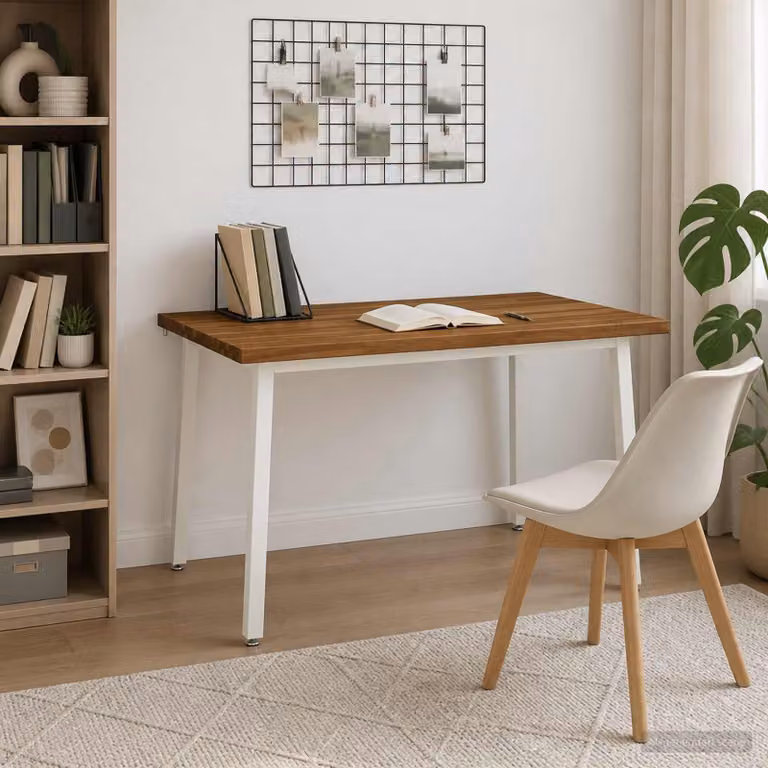 Tavolo da pranzo rettangolare moderno vidaXL in legno di acacia massello e metallo, L/P/H: 120 x 90 x 75 cm, Bianco e Marrone
