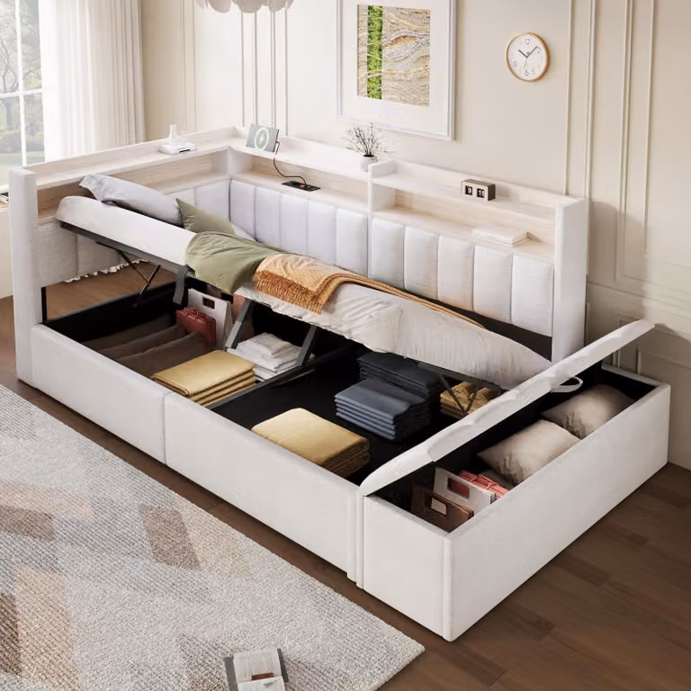 Divano letto Flieks 90x200 cm con poggiatesta, divano letto giornaliero con USB e LED, letto imbottito idraulico per ragazzi con spazio contenitivo, letto singolo in velluto, bianco