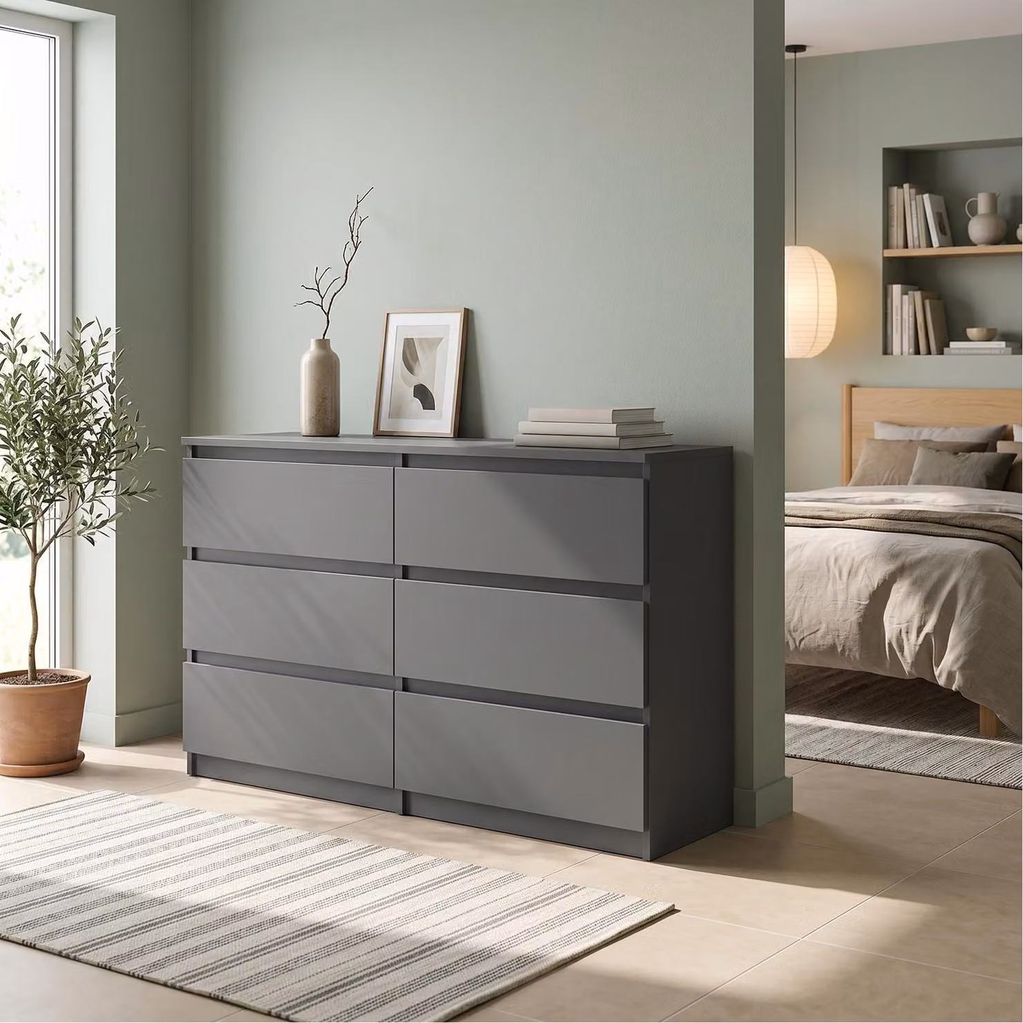 Comodà Masseno NUDO da 120 cm con 6 cassetti e ante, per soggiorno e camera da letto, stile moderno, 120x39x78,5 cm, antracite / antracite