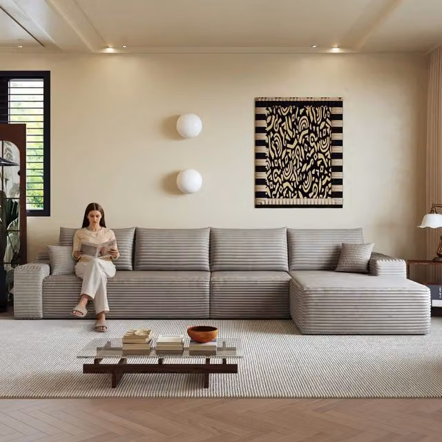 Divano angolare modulare 4 posti in velluto a coste color cammello con chaiselongue, 340x175x83 cm