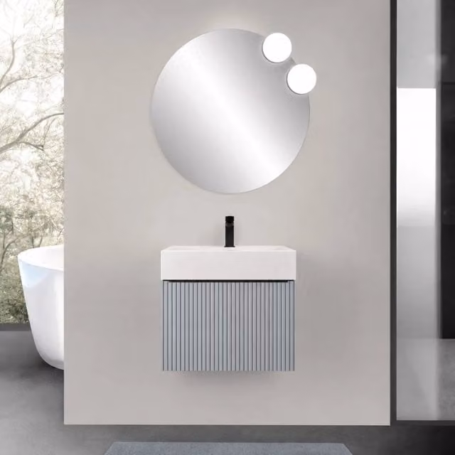 Mobile bagno sospeso 70 cm azzurro polvere con un cassetto e lavabo alto in resina Nara