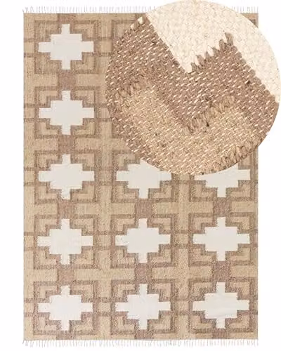 Beliani Tappeto in iuta intrecciata di cotone naturale beige con nappe a motivo geometrico 160 x 230 cm Konturkay