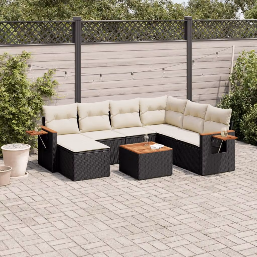 Set di divani da giardino vidaXL a forma di L in polyrattan nero con 8 pezzi, inclusi cuscini e tavolino da esterno – 1