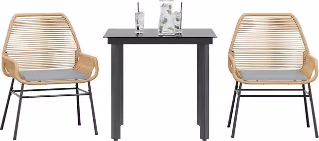 Set da pranzo da giardino 3 pezzi vidaXL in polyrattan con piano in vetro e cuscini disponibile in nero, marrone o grigio