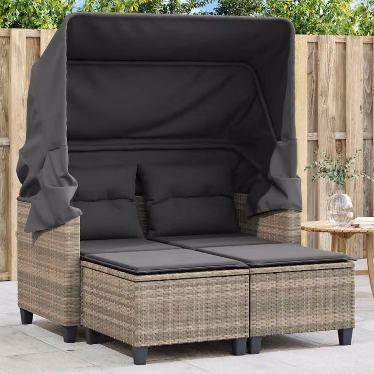 Set da giardino vidaXL con divano a 2 posti e sgabello coordinato, colore grigio, struttura in metallo e rattan con cuscini imbottiti e rivestimenti rimovibili