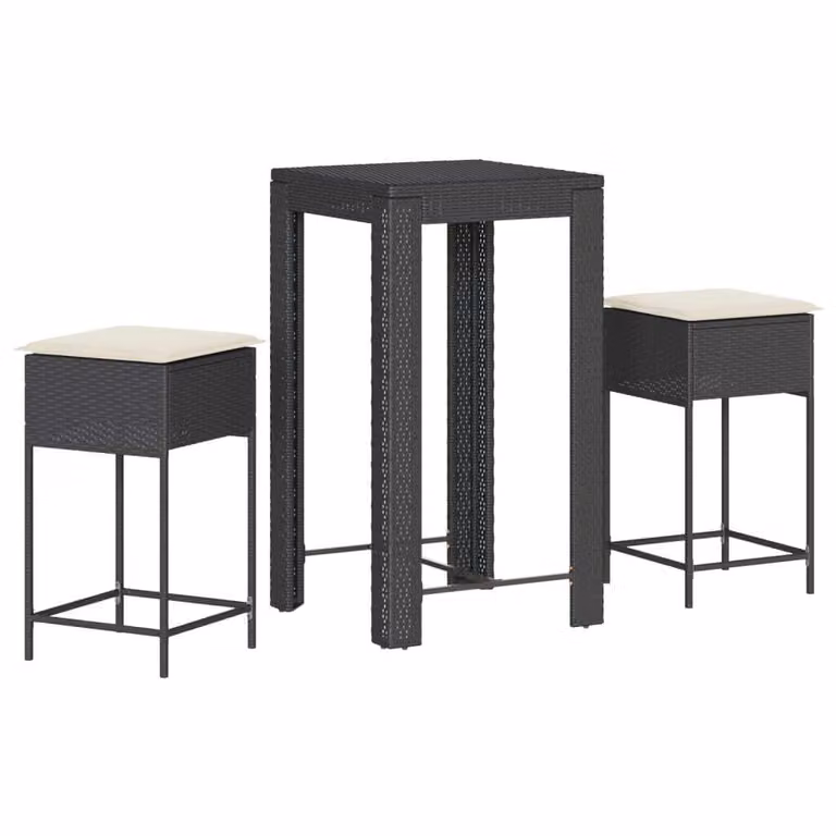 set bar da giardino 3 pezzi con cuscini in polirattan nero