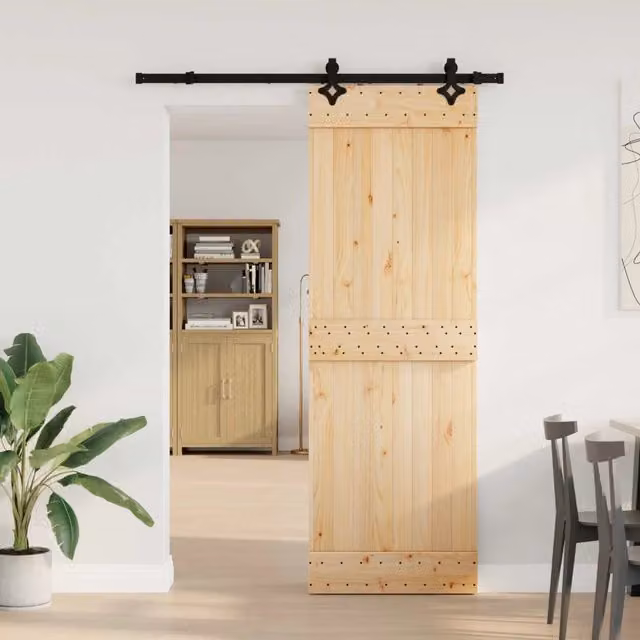 Porta scorrevole moderna vidaXL in legno di pino massiccio e acciaio, colore Naturale e Nero, L: 70 cm, H: 210 cm, diametro: 152,5 cm – 1