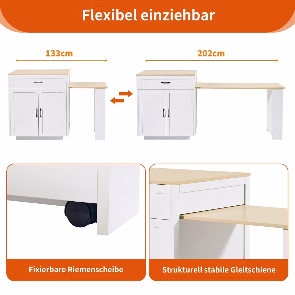 Tavolo Bar Estensibile REDOM Bianco in MDF con Ruote L: 133-202 cm, P: 70 cm, H: 93,5 cm – 2
