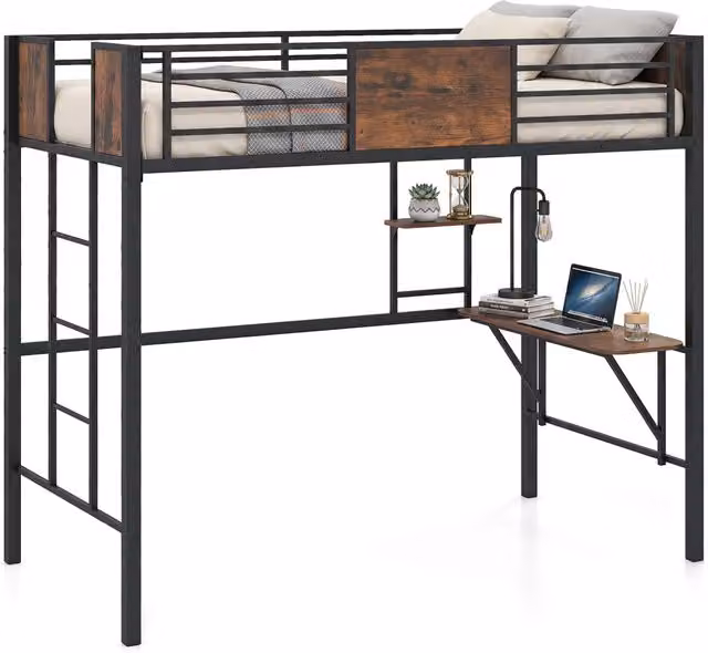 Letto a soppalco metallo salvaspazio scrivania libreria, Letto rialzato sponda rialzata doghe scala 3 gradini industriale