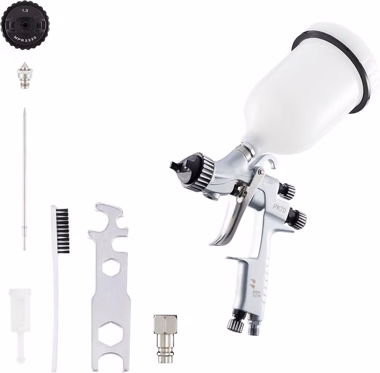 Pistola di verniciatura Benbow PK70, set di 4, HVLP, ugello da 1,3+2,0 mm nel set, serbatoio 600 ml, pressione 2,5 bar