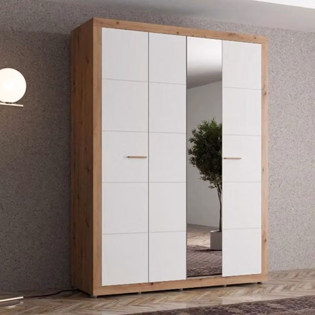 Armadio da camera da letto DMORA Pushka con ante a battente e specchio, Bianco Opaco e Rovere, L: 156 cm, H: 208 cm