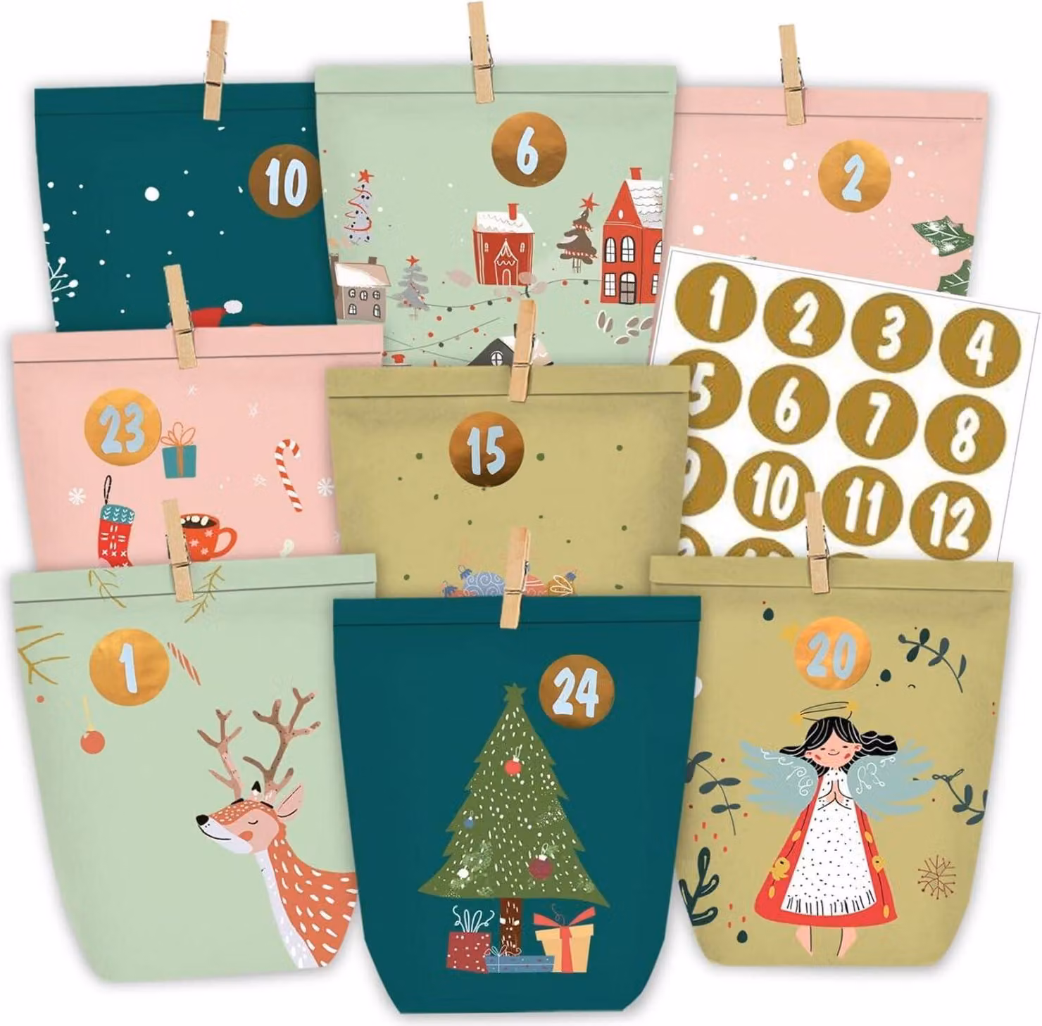 Calendario dell'Avvento da riempire 24 coloratissimi sacchetti di carta verde-rosa, inclusi adesivi e fermagli in legno