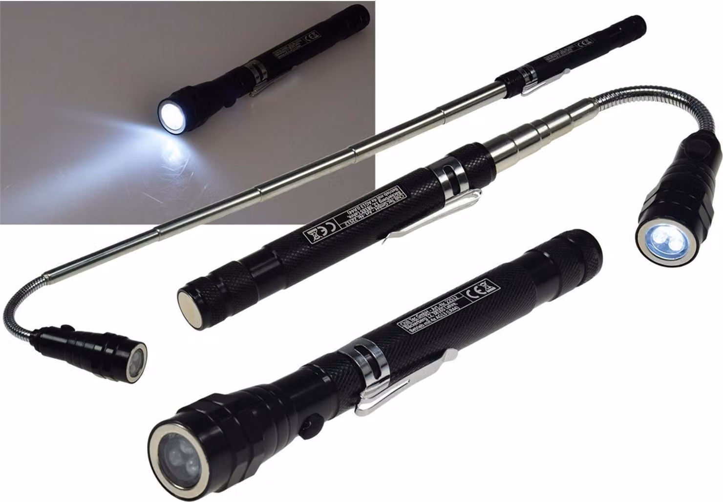 Utensile telescopico ChiliTec con LED 1 magnete per testa+piedi, collo d'oca