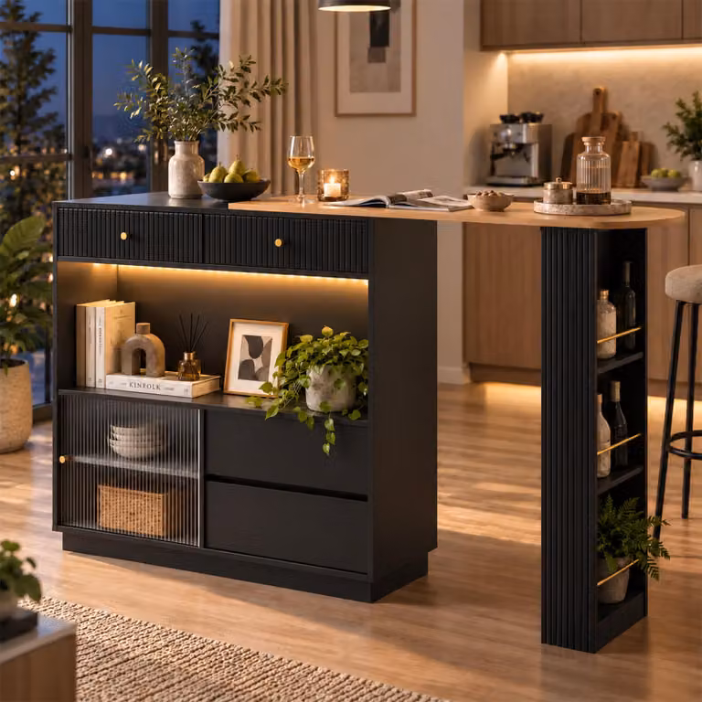 Isola da cucina estendibile con illuminazione a LED, bancone bar girevole a 360° con porta scorrevole in acrilico, tavolo da bistrot con piano di lavoro multifunzionale, colore nero