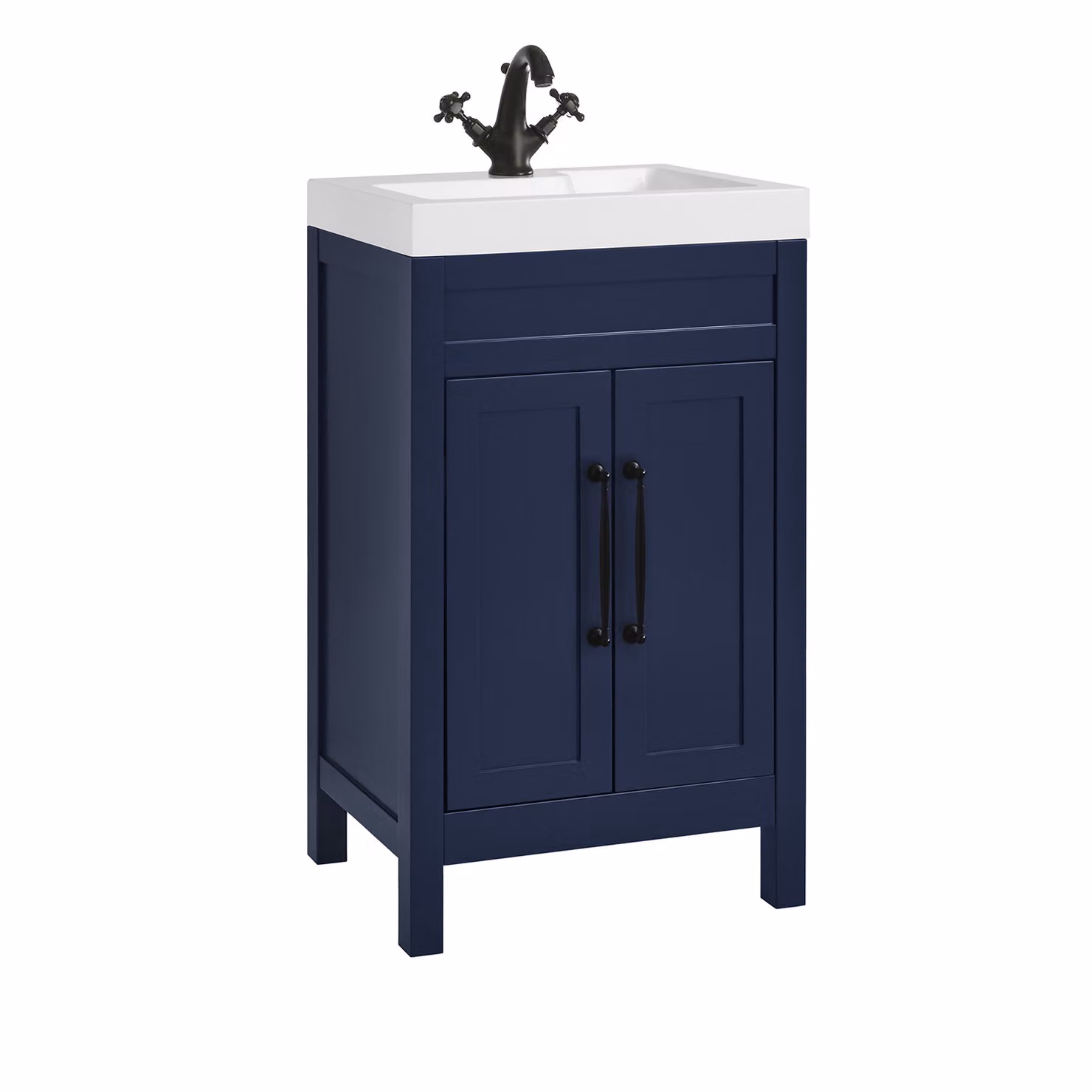 Mobile Bagno Blu Marino da 500mm con Lavabo e Maniglie Classiche Nere con Barra a T - Warwick
