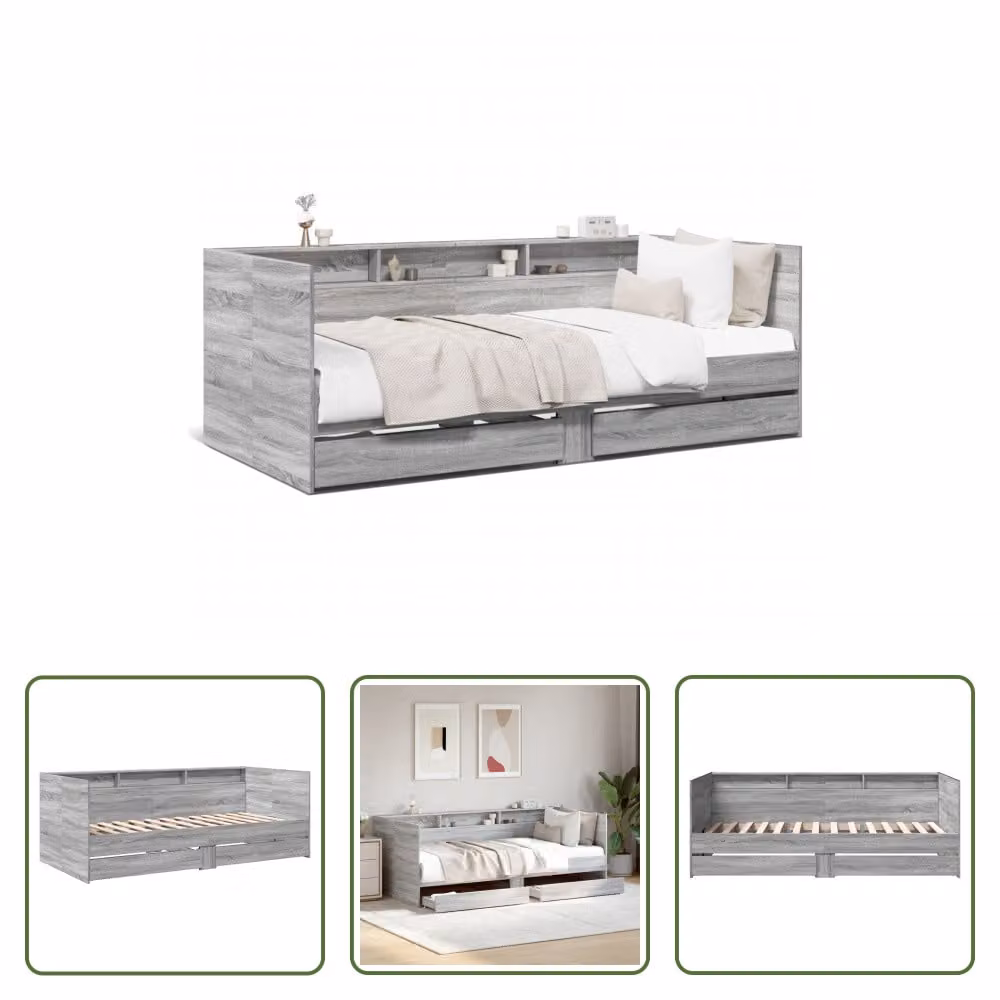 The Living Store Letto da giorno con cassetti Grey Sonoma 75x190 cm Materiale legno
