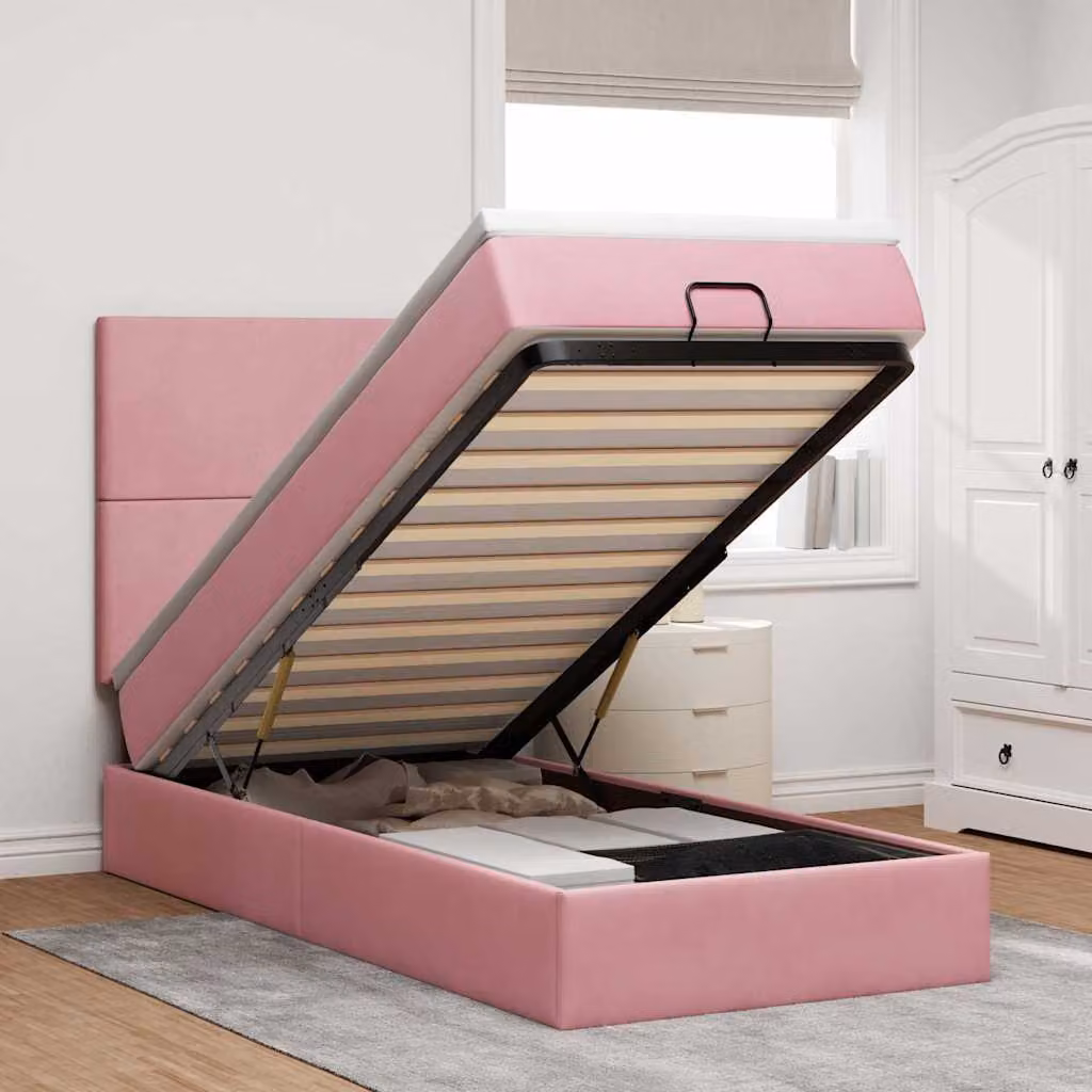 Letto con base contenitore a sollevamento vidaXL in velluto rosa e bianco, con illuminazione sottostante e porta USB, L: 190 cm, P: 90 cm, H: 128 cm