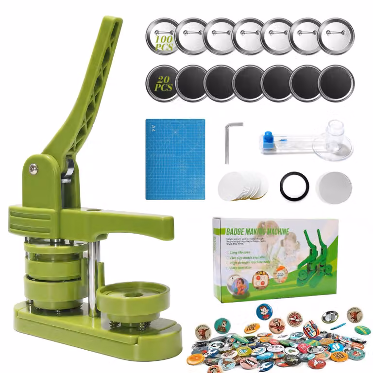 Macchina per bottoni - Pressa per bottoni da 58 mm - Set con 100 elementi per bottoni - 20 elementi magnetici - Con fustella - Verde chiaro
