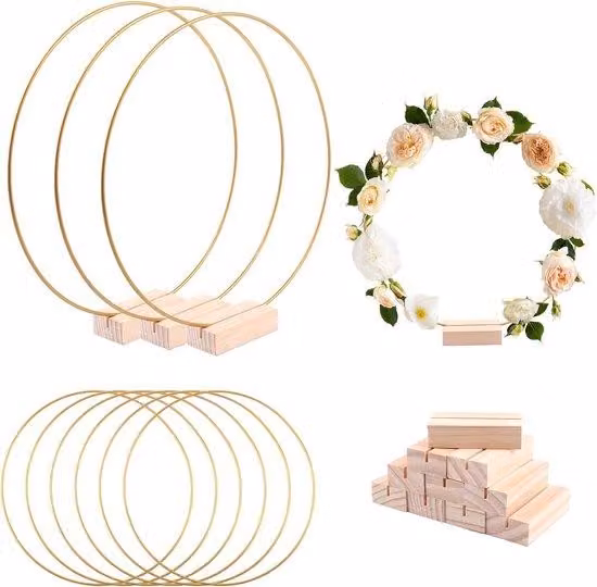 Anelli metallici dorati con legno, set da 10 pezzi, 25 cm, macramè, intreccio