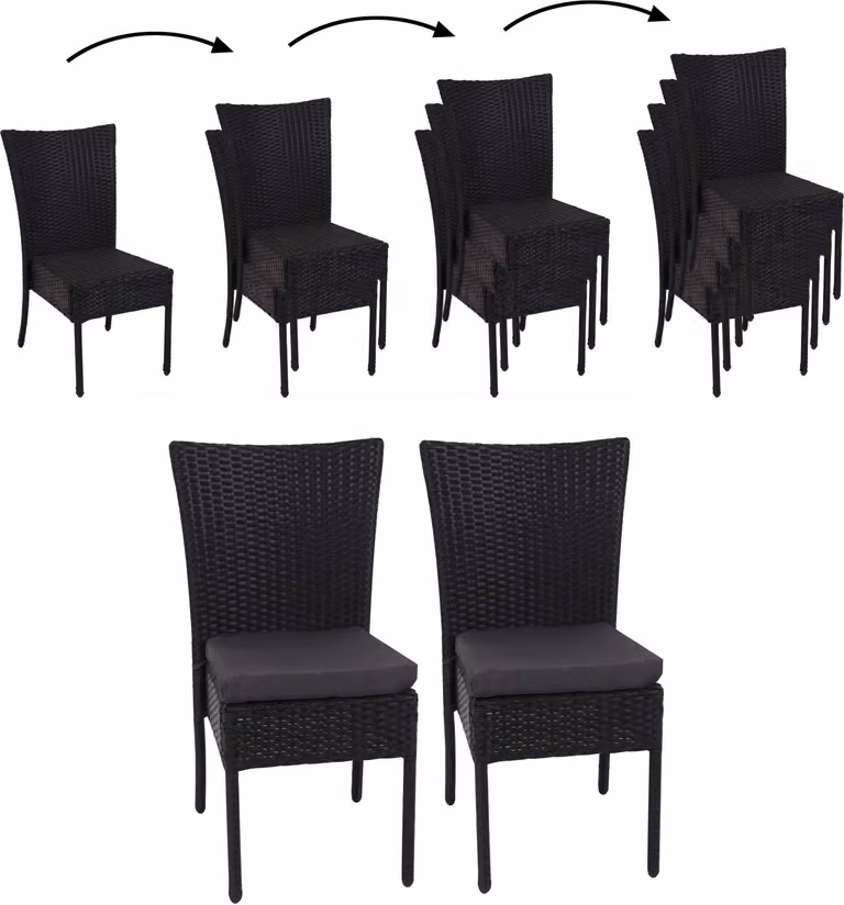 set di 2 sedie in poly rattan HWC-G19, sedia da balcone e da giardino, impilabili ~ nero, cuscini grigio scuro