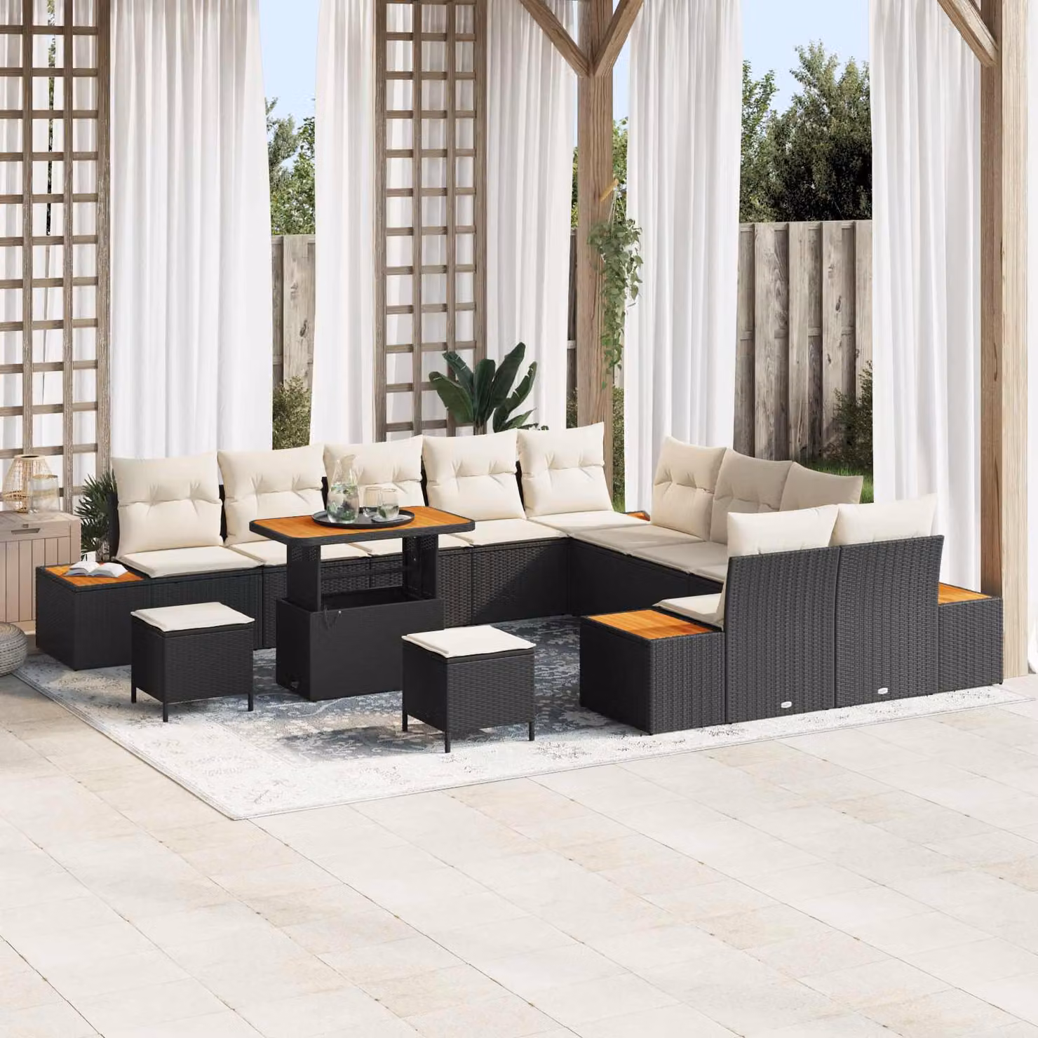 Set Divano da Giardino vidaXL 13 Pezzi con Cuscini Nero e Beige – 1