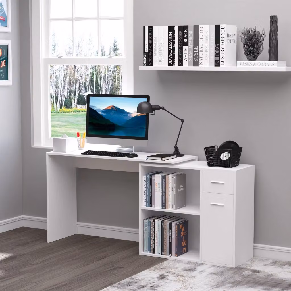 EasyComfort Scrivania Angolare con Libreria in Legno Bianco, Tavolo con Piano Rotante L: 173 cm, P: 39.8 cm, H: 74 cm – 2