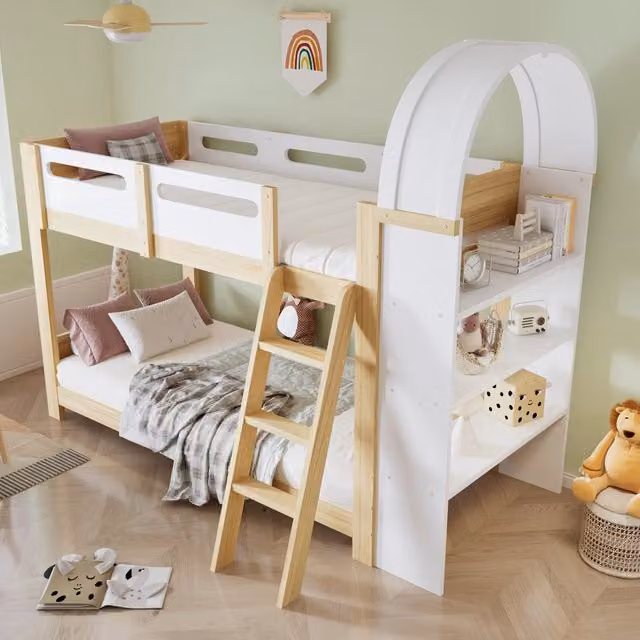 Letto a castello 90 × 200 cm 2 posti con libreria, scala a 3 gradini e barriera, senza materassi, bianco naturale