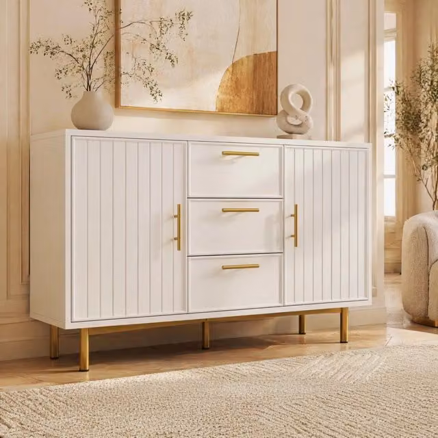 Comò bianco con 2 ante e 3 cassetti, ripiano regolabile, 75x120x40 cm, base in metallo